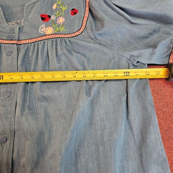 Go Softly Chambray Ladybug Embroidered Patio Dress 2X Snap Front Boho Relaxed - Picture 7 of 11